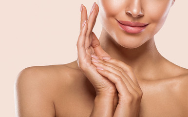 Wall Mural - woman lips face neck hands fingers beauty concept healthy skin