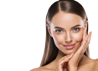 Wall Mural - beauty woman face manicure hands nails touching clean skin beautiful ypung model face
