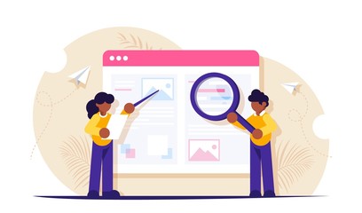 Poster - The process of creating engaging content for a website or blog. Man with a magnifying glass and a pointer. Modern flat vector illustration.