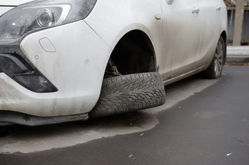  Front end of a vehicle after a car accident. Broken Car Suspension