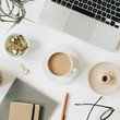 © Floral Deco - Home office desk workspace with laptop, coffee cup, notebook, glasses, pen, green plant branch on white background. Flat lay, top view girl boss work business concept for lifestyle blog, social media.