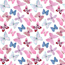Watercolor Pattern With Beautiful Butterflies. Hand-drawn Pink And Blue Butterflies On White Background.