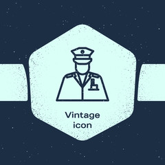 Sticker - Grunge line Police officer icon isolated on blue background. Monochrome vintage drawing. Vector Illustration