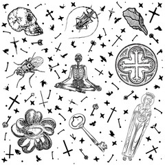 Occult medieval ancient book elements. Witchcraft occultism mystic alchemy symbols. Sacred craft art. Key, human skeleton and skull, eye, crystal, Maria with Jesus, fly. Vector.