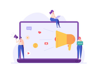 People are engaged in PR, targeting, marketing. Successful work on the Internet and office. The concept of journalism, advertising, online advertising in flat design