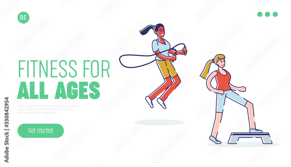 Trainings In Gym Concept. Website Landing Page. Characters Are Jumping ...