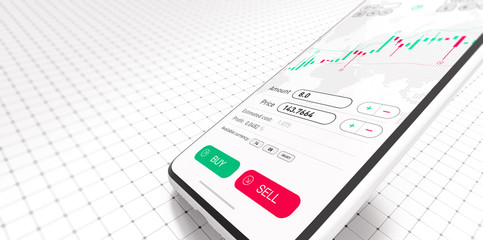 Poster - Stock exchange smartphone app with general info shown on screen on white background and UI (3D Illustration)