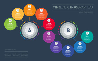 Infographic in the form of wave, consisting of 2 segments and 10 parts. Business presentation with options. Brochure design template. Diagram of technology or education process with ten steps. Vector.