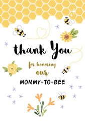 Wall Mural - Bee Baby shower invitation template. Thank you. Sweet card with honeycomb background Thanks Vector