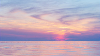  Pink sunset on the sea. Twilight Dusk. Beautiful clouds over the calm sea.