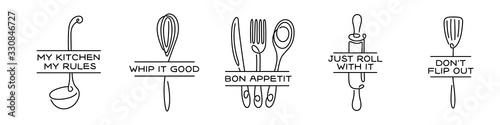 Photo Kitchen cooking quotes posters set. Vector illustration.