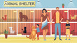 Concept Of Animal Shelter for Stray Pets. Kind People Help Homeless Animals. Family Adopting Dog And Cat From Shelter. Illustration With Pets Sitting in Cages. Cartoon Flat Style. Vector Illustration