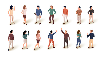 Collection of isometric people isolated over white background. Standing and walking people.