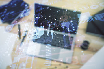 Poster - Abstract creative coding illustration on modern computer background, software development concept. Multiexposure
