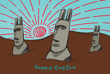 Happy Easter Sunrise Colored Comic Creative Concept With Easter Island Moai Statues Having Rabit Ears And Beaming Sun Over Undulating Landscape - Black On Craft Background - Hand Drawn Design