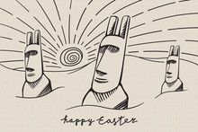 Happy Easter Sunrise Comic Creative Concept With Easter Island Moai Statues Having Rabit Ears And Beaming Sun Over Undulating Landscape - Black On Craft Background -  Hand Drawn Graphic Design