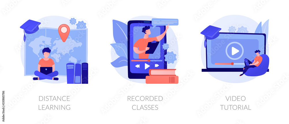 Home education, remote university graduation, online educational materials icons set. Distance learning, recorded classes, video tutorial metaphors. Vector isolated concept metaphor illustrations - obrazy, fototapety, plakaty 