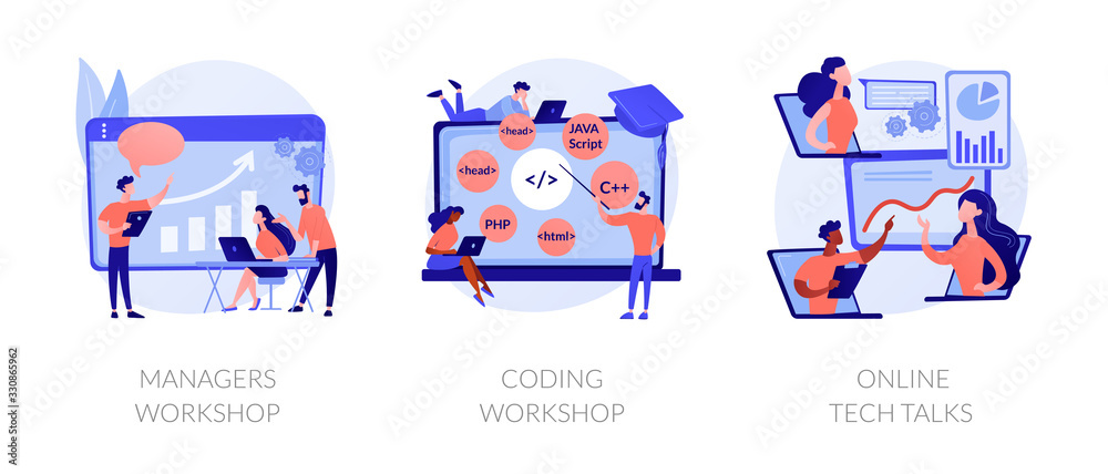 Business management coaching, programming courses, technical support icons set. Managers workshop, coding workshop, online tech talks metaphors. Vector isolated concept metaphor illustrations - obrazy, fototapety, plakaty 