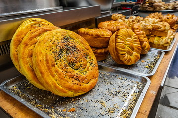 Close-up of a chinese muslim bread. Bread dough with sesame seeds found street food in Xi'an, Shaanxi Province, China