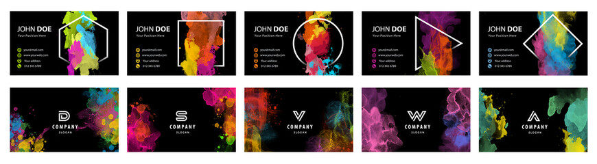 Wall Mural - Black business card template set with colorful vector watercolor background and geometric frame