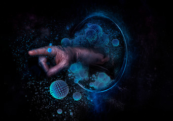 virus cells coming out of a black hole in space together with a hand pointing in one direction. coro