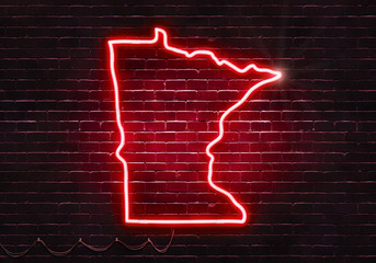 Wall Mural - Neon sign on a brick wall in the shape of Minnesota.(illustration series)