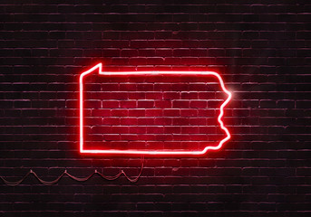 Wall Mural - Neon sign on a brick wall in the shape of Pennsylvania.(illustration series)