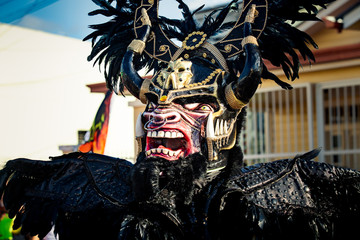 Wall Mural - closeup man in original black demon costume poses for photo at dominican carnival