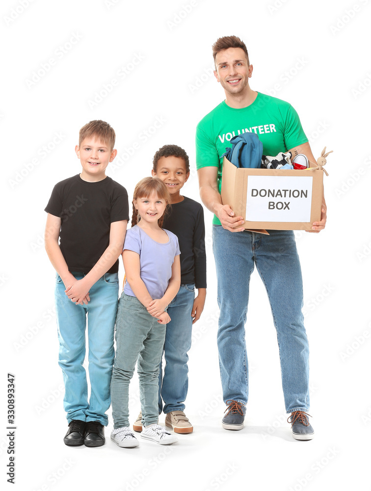 Volunteer with donations for orphans and little children on white background