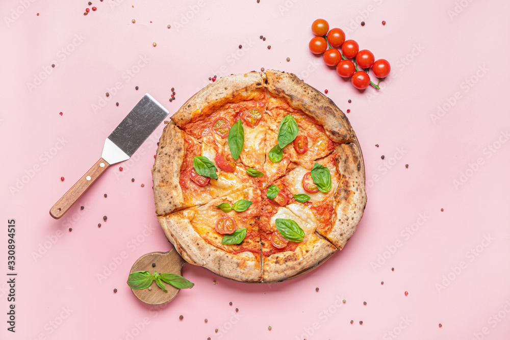 Delicious pizza Margherita on color background - obrazy, fototapety, plakaty 