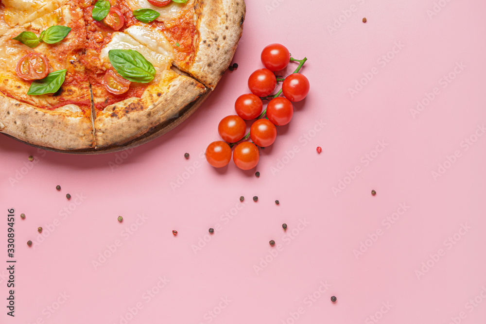 Delicious pizza Margherita on color background