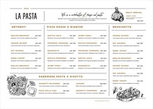 Italian Restaurant Menu Template. Cafe Identity. Minimalist Style. Engraved Illustrations. Pasta, Bruschetta, Garlic. Vector Illustration