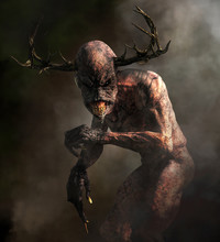 A Horrifying Monster With Pale Skin, Long Claws, Sharp Teeth, And An Elongated Head With Antlers Emerges From The Night Mists.  Meet The Wendigo.