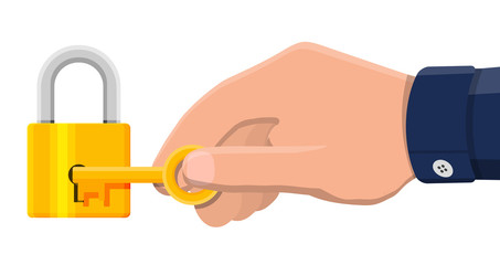 Poster - Metal padlock with key. Pad lock with keyring. Hand unlock padlock. Protection, security and defence. Vector illustration in flat style