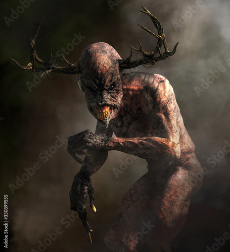 Fotomural A horrifying monster with pale skin, long claws, sharp teeth, and an elongated head with antlers emerges from the night mists