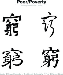 Poor, Poverty - Chinese Calligraphy with translation, 4 styles