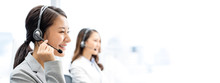 Banner Of Smiling Telemarketing Asian Woman Working In Call Center Office