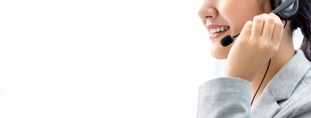 Smiling woman call center staff on white banner background with copy space