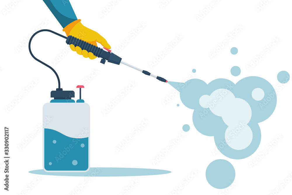 Cleaning and disinfecting coronavirus. Atomizer and sprayer. Man in hazmat suit and gloves. Pandemic risk. Vector illustration flat design. Epidemic spread precautions. - obrazy, fototapety, plakaty 