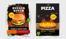 Fast Food Flyer Design Template Cooking, Cafe And Restaurant Menu, Food Ordering, Junk Food. Pizza, Burger, French Fries And Soda. Vector Illustration For Banner, Poster, Flyer, Cover, Menu, Brochure.