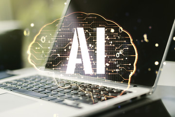 Aufkleber - Creative artificial Intelligence concept with human brain sketch on modern computer background. Double exposure