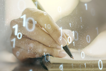 Poster - Creative abstract binary code hologram and woman hand writing in diary on background, AI and machine learning concept. Multiexposure