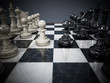 Chessboard with black and white pawns facing each other. 3D illustration