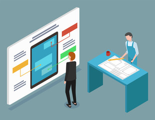 Wall Mural - Man looking at presentation of web design. Board with mockup of mobile, tablet application. Guy stand near table with plan of project. Person work on engineering process. Vector illustration in flat