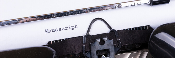 Fototapete - The word Manuscript typed on retro black typewriter. Panoramic image