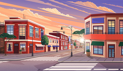 Street of town at morning. Cityscape with old apartment houses and trees on crossroad. Cartoon vector illustration of historic urban area. City street with vintage houses building. Old urban landscape