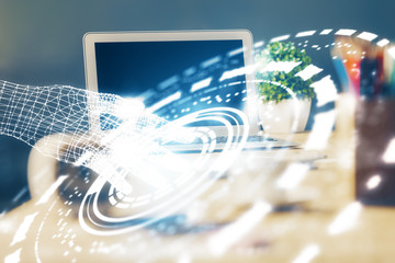 double exposure of desktop computer and technology theme hologram. concept of software development.