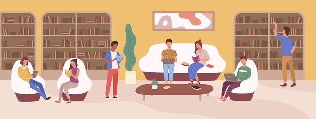 Poster - Young people at modern public library vector flat illustration. Focused man and woman reading book, use laptop, sitting on sofa studying literature. Colorful cartoon shelves with textbook