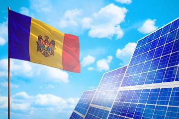 Moldova alternative energy, solar energy concept with flag industrial illustration - symbol of fight with global warming, 3D illustration