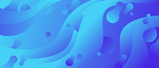 Poster - Abstract fluid blue dynamic flow with different geometric shapes background vector graphic illustration. Futuristic lilac flowing stream circle sphere and skittle colorful backdrop creative design